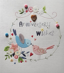 Anniversary Card - Two Lovely Birds Sitting On A Circle Shaped Branch & Buttons