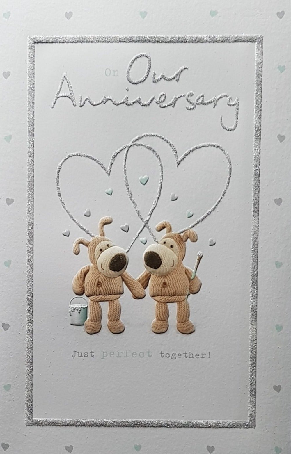 Anniversary Card - Our Anniversary / Two Doggies Painting A Glitter Silver Hearts Above Them
