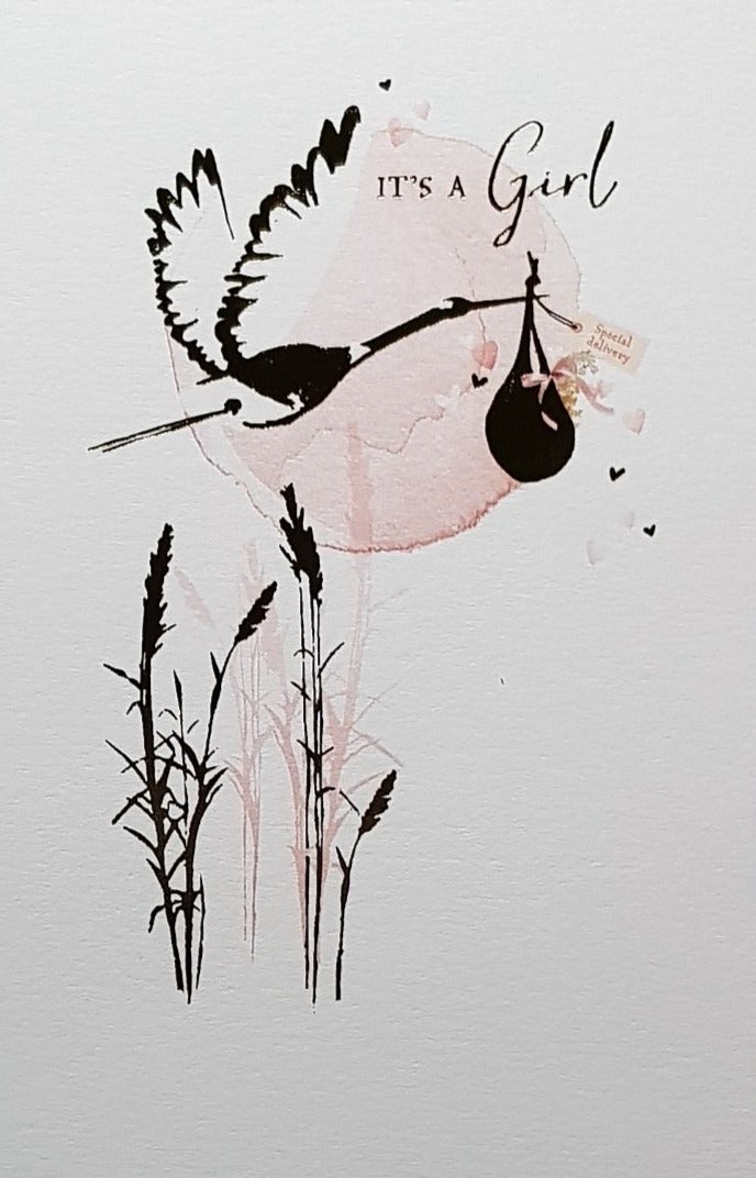 New Baby Card - Girl / Stork Is Delivering A Little One & A Pink Moon On Back
