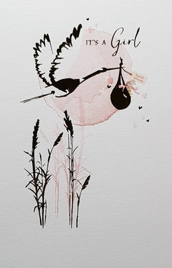 New Baby Card - Girl / Stork Is Delivering A Little One & A Pink Moon On Back