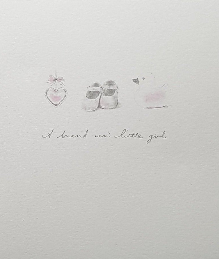 New Baby Card - Girl / A Pink Heart & A Pair Of Little Shoes & A Duck (All Drown)