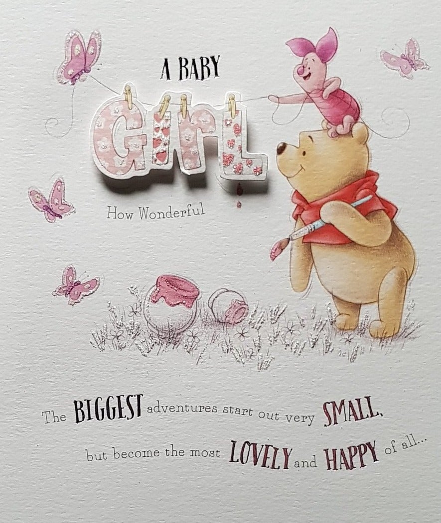 New Baby Card - Girl / Happy Teddy With Friend On His Shoulders