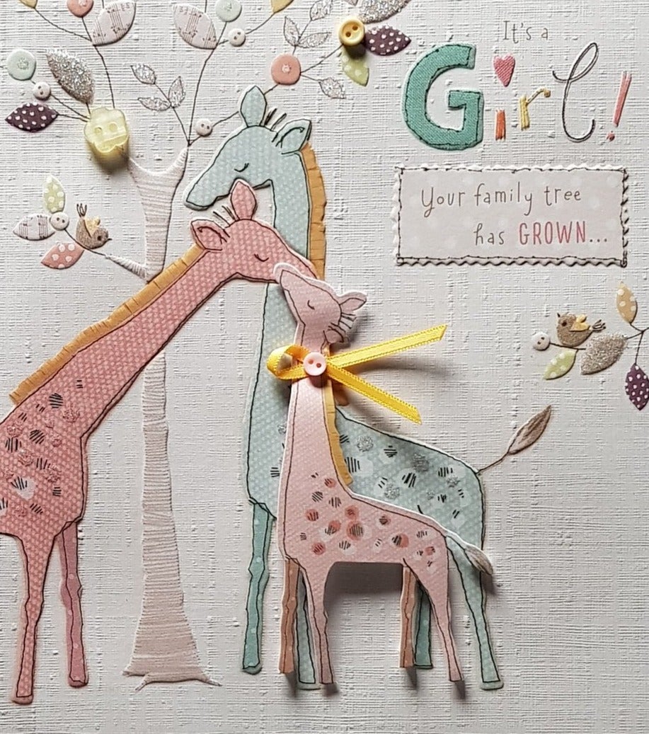 New Baby Card - Girl / Happy Giraffes Family