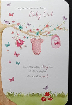 New Baby Card - Girl / Pink Baby Clothes & Soft Teddy Toy Hanged On A Branch