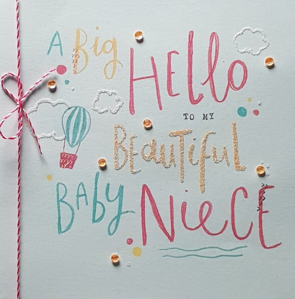 New Baby Card - Girl / A White & Pink Bow / A Big Hello To My Beautiful Baby Niece