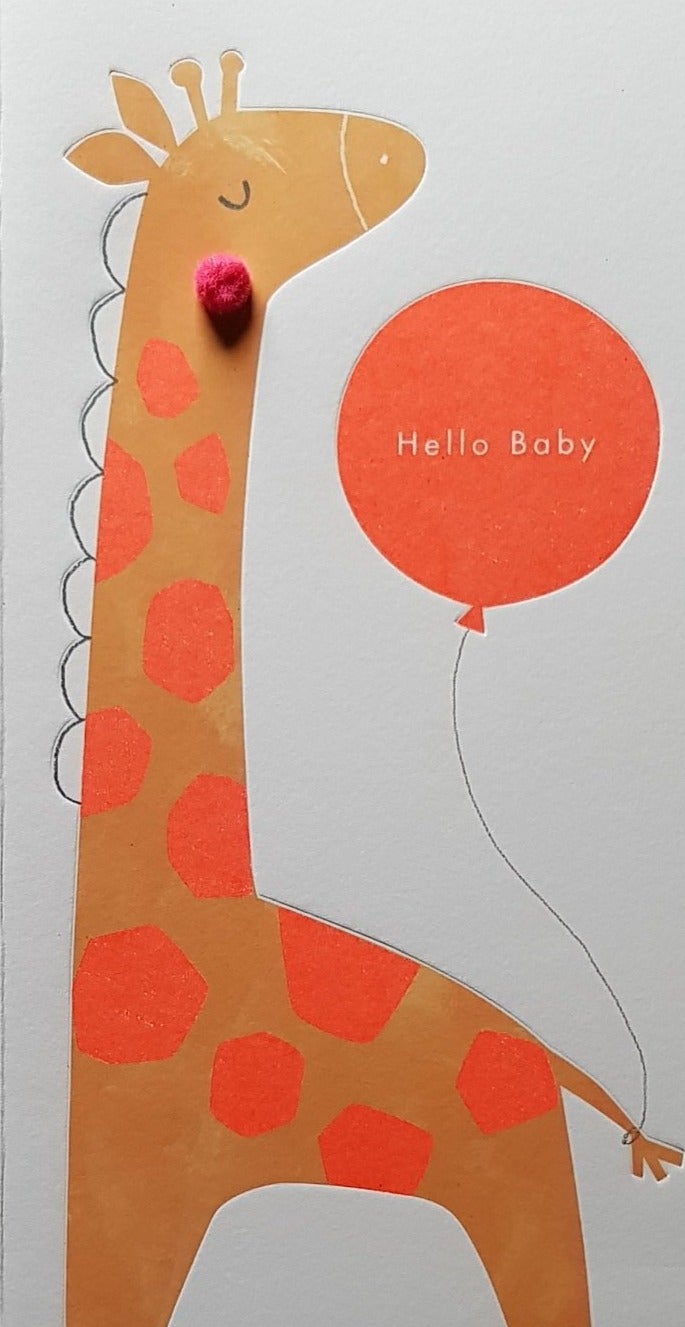 New Baby Card - Girl / Orange Spotted Giraffe & Orange Balloon