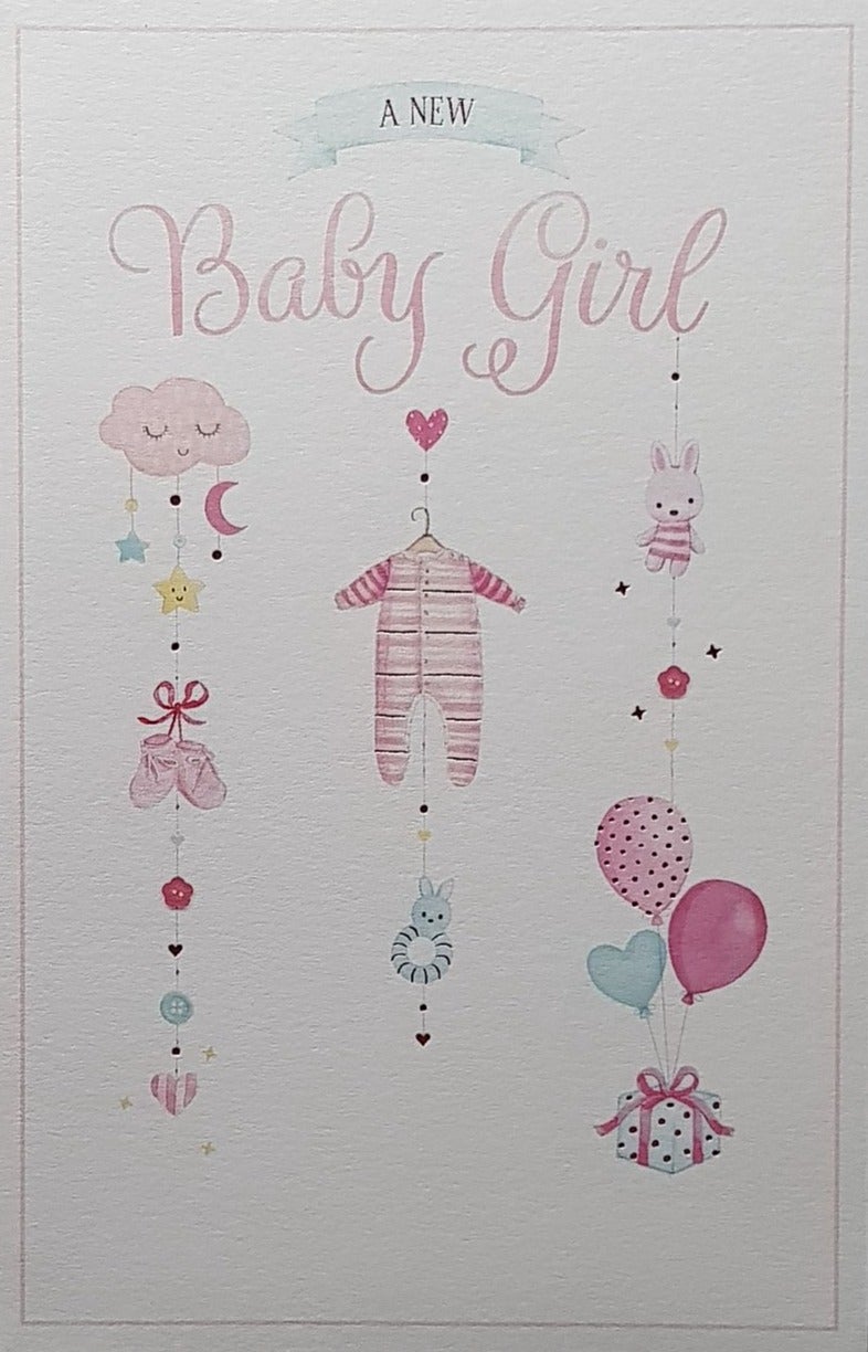 New Baby Card - Girl / Pink Baby Clothes & Pair Of Pink Shoes & Pink Cloud