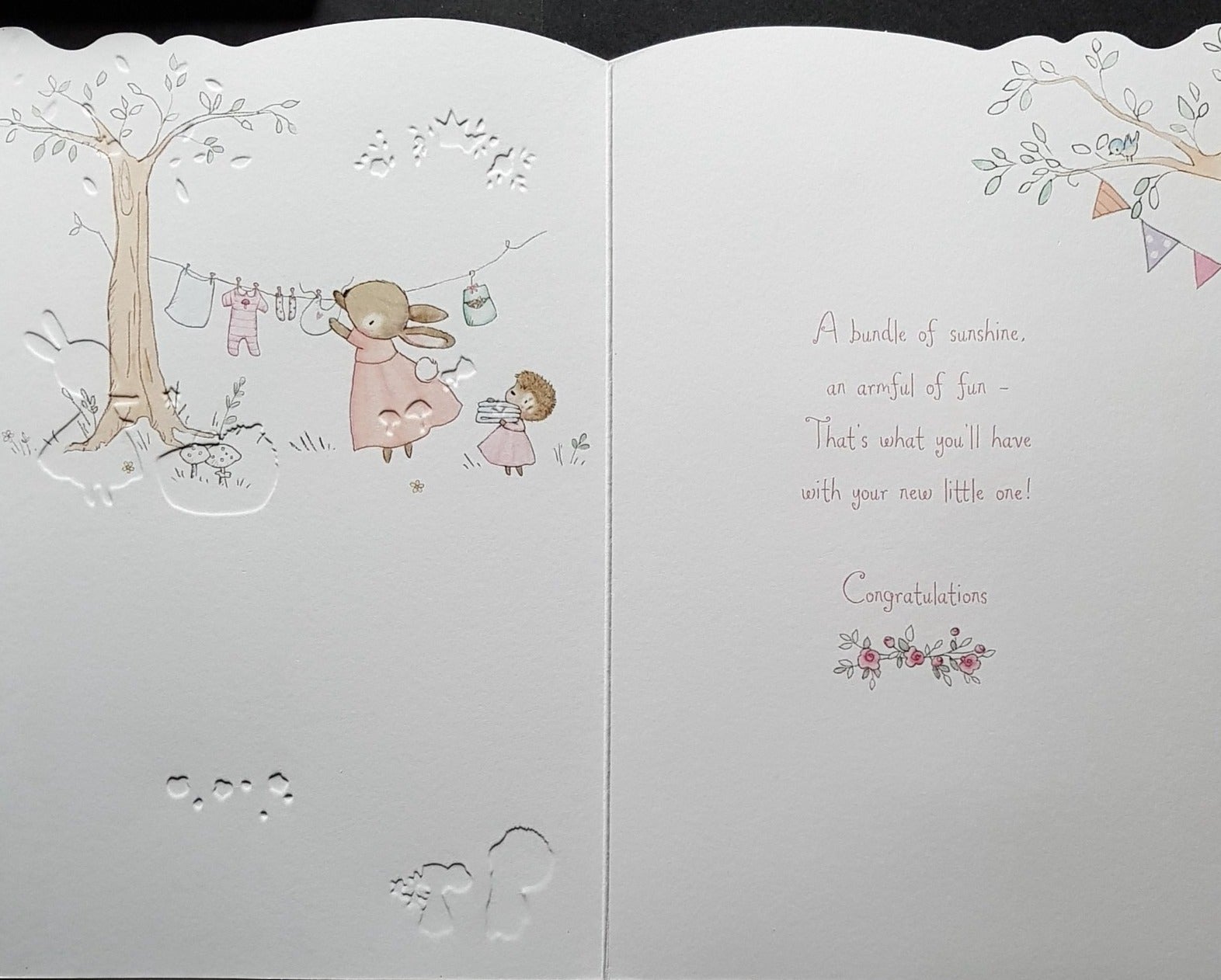 New Baby Card - Girl / Bunny Is Playing With The Bunny Toddler & Teddy Sleeps On The Letter G