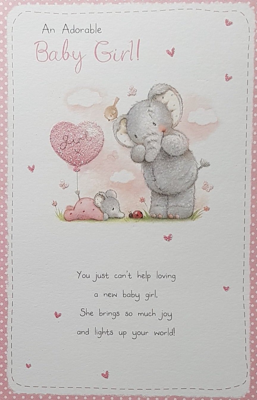 New Baby Card - Girl / Baby Elephant Watching A Ladybird Holding A Pink Heart Balloon