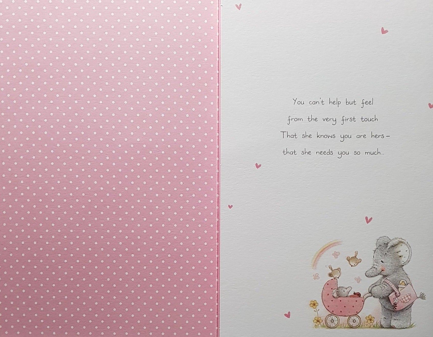 New Baby Card - Girl / Baby Elephant Watching A Ladybird Holding A Pink Heart Balloon
