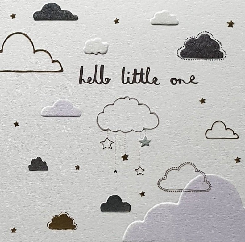 New Baby Card - 'Hello Little One & Purple Clouds (Open)
