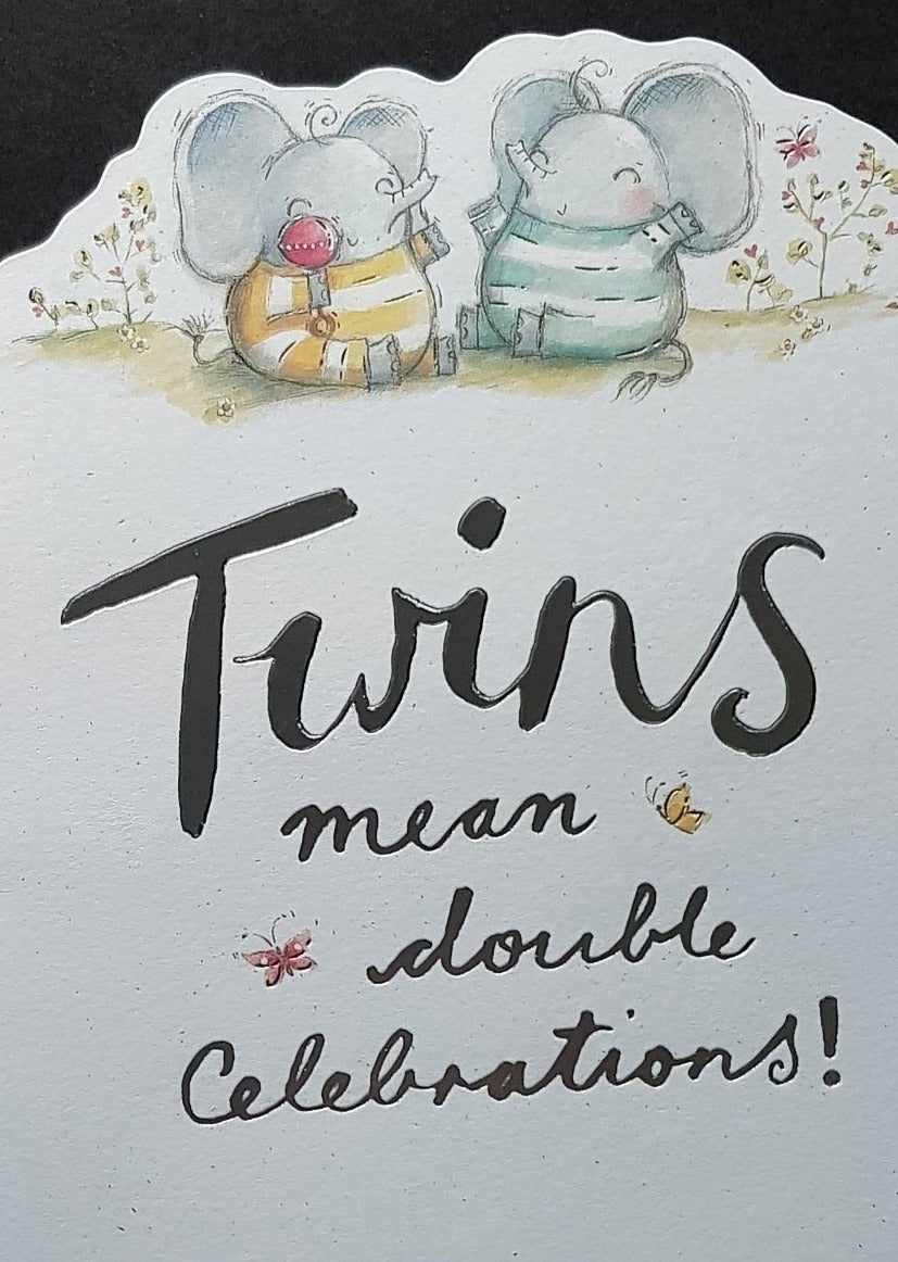 New Baby Card - Twins / Two Happy Elephants Are Playing & Double Amount Of Love
