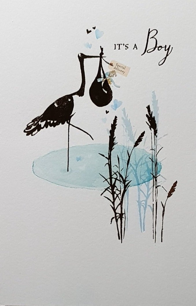 New Baby Card - Boy / Stork Is Delivering A Little One, Standing In A Blue Pond