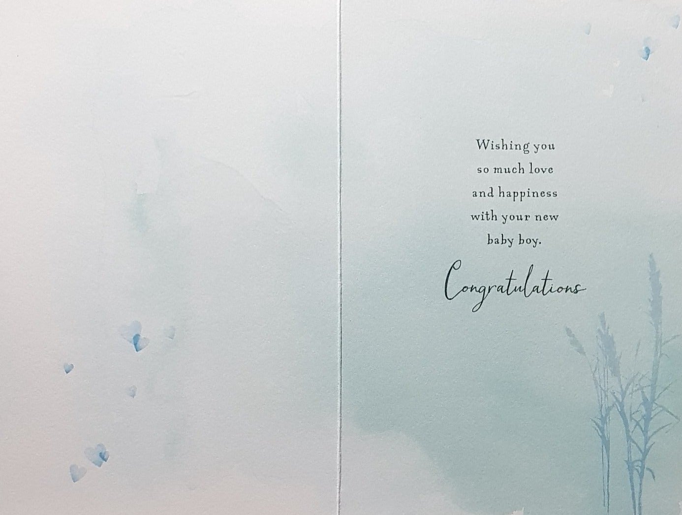 New Baby Card - Boy / Stork Is Delivering A Little One, Standing In A Blue Pond