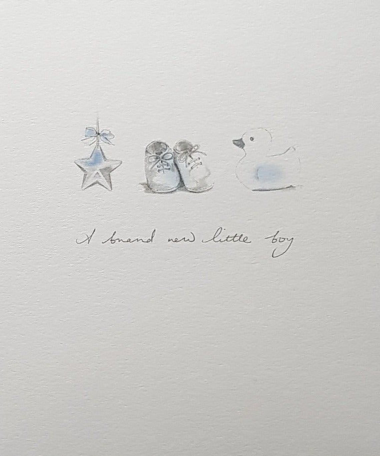 New Baby Card - Boy / A Blue Heart & Pair Of Little Shoes & A Duck (All Drown)