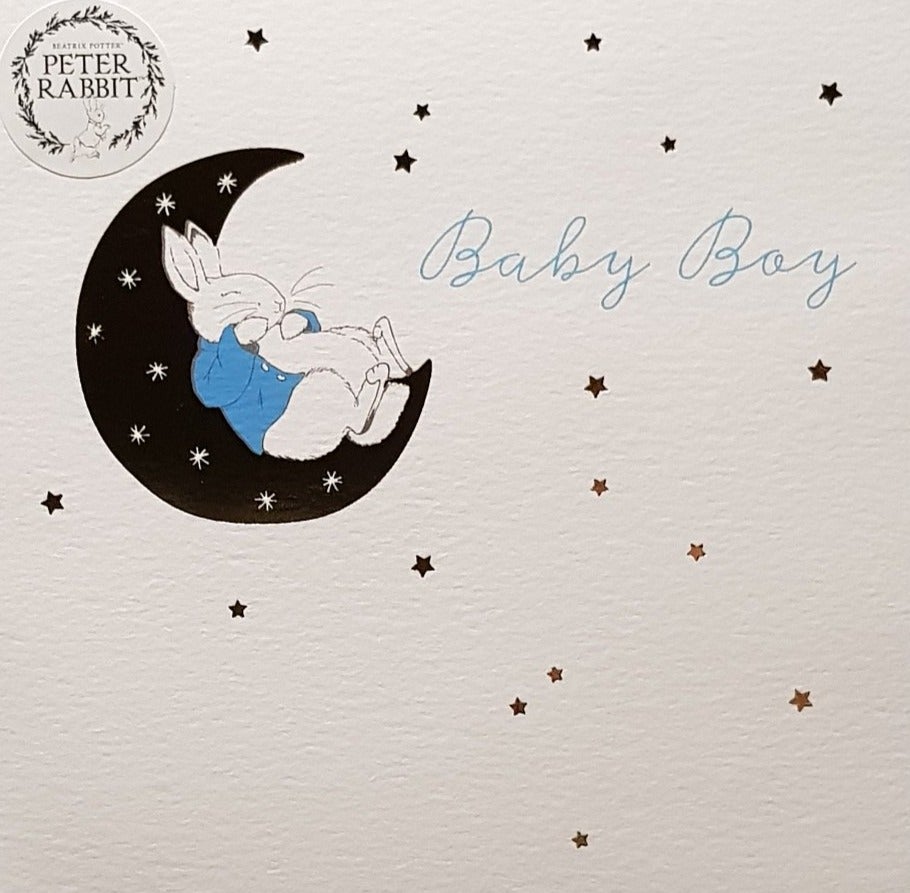 New Baby Card - Boy / A Hare Is Sleeping On The Moon & Wearing Blue Sweater