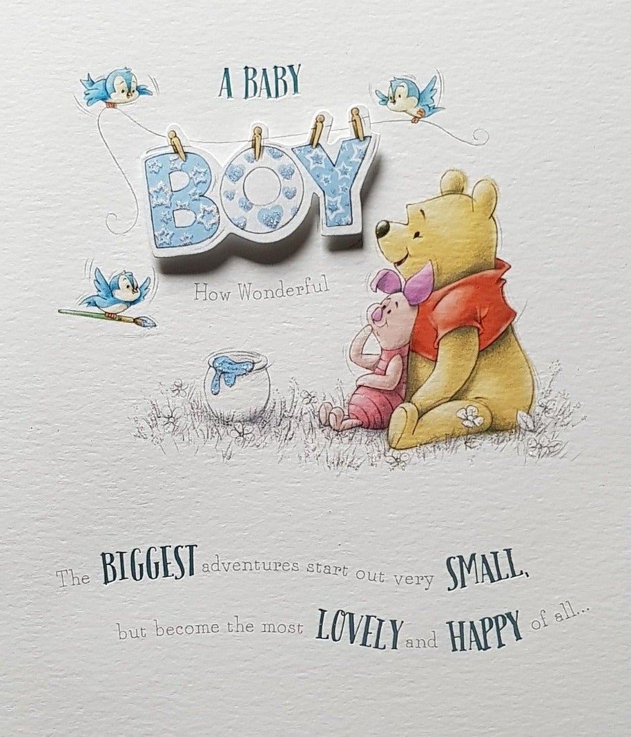 New Baby Card - Boy / A Happy Bear Sitting With His Friend Watching Three Blue Birds