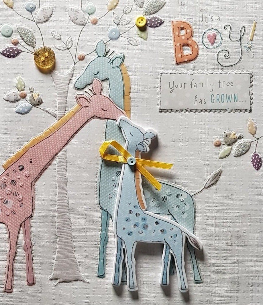 New Baby Card - Boy / Happy Giraffes Family