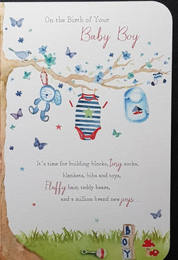 New Baby Card - Boy / Baby Clothes & Soft Teddy Toy Hanged On A Branch