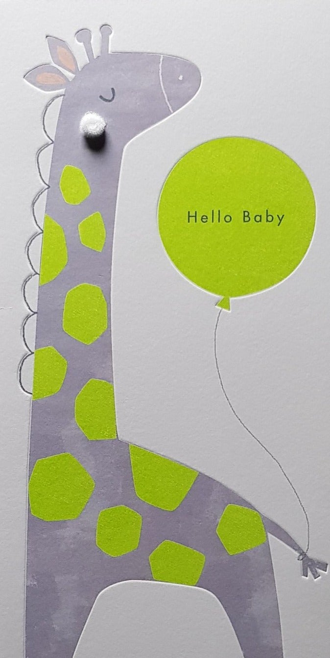 New Baby Card - Boy / A Green Spotted Giraffe & A Green Balloon