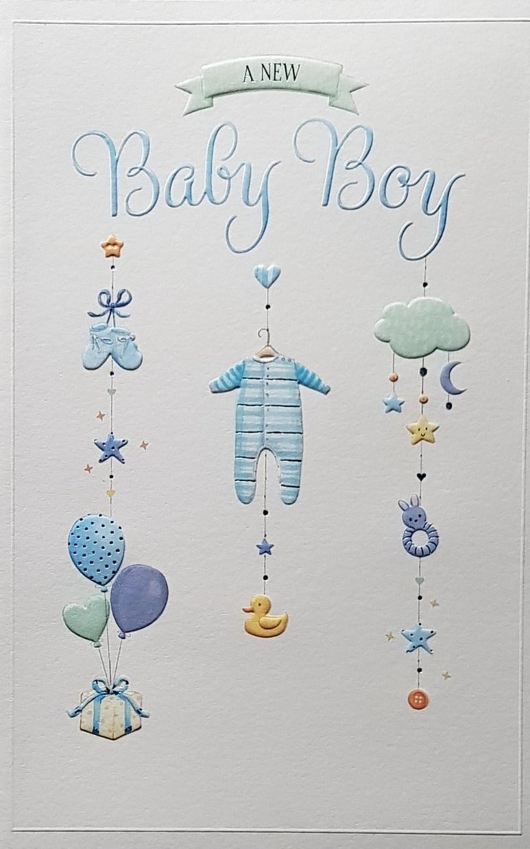 New Baby Card - Boy / Blue Baby Clothes & Pair Of Blue Shoes & Blue Cloud