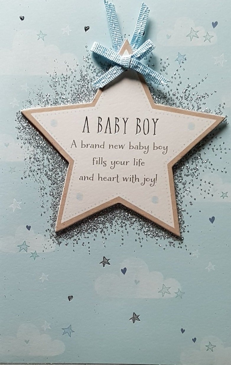 New Baby Card - Boy / Star-Shaped Label Sticks On The Blue Bow