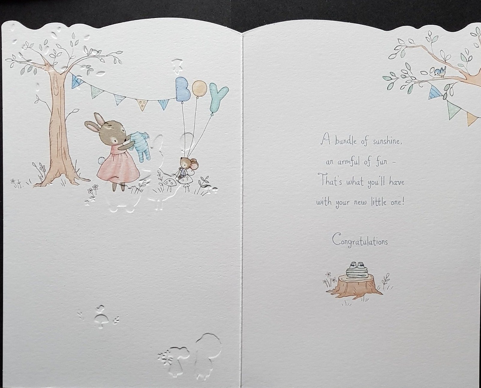 New Baby Card - Boy / Bunny Holding A Yellow Balloon And Taking Care Of Little One