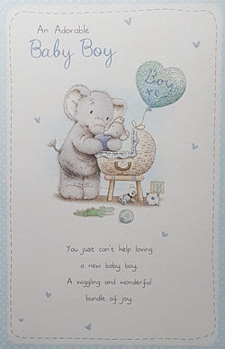 New Baby Card - Boy / Elephant Hugs A Little One & A Blue Balloon