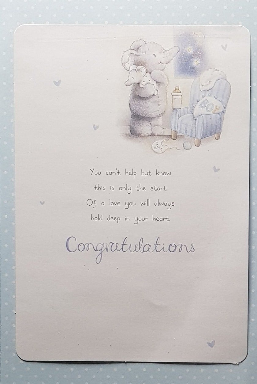 New Baby Card - Boy / Elephant Hugs A Little One & A Blue Balloon