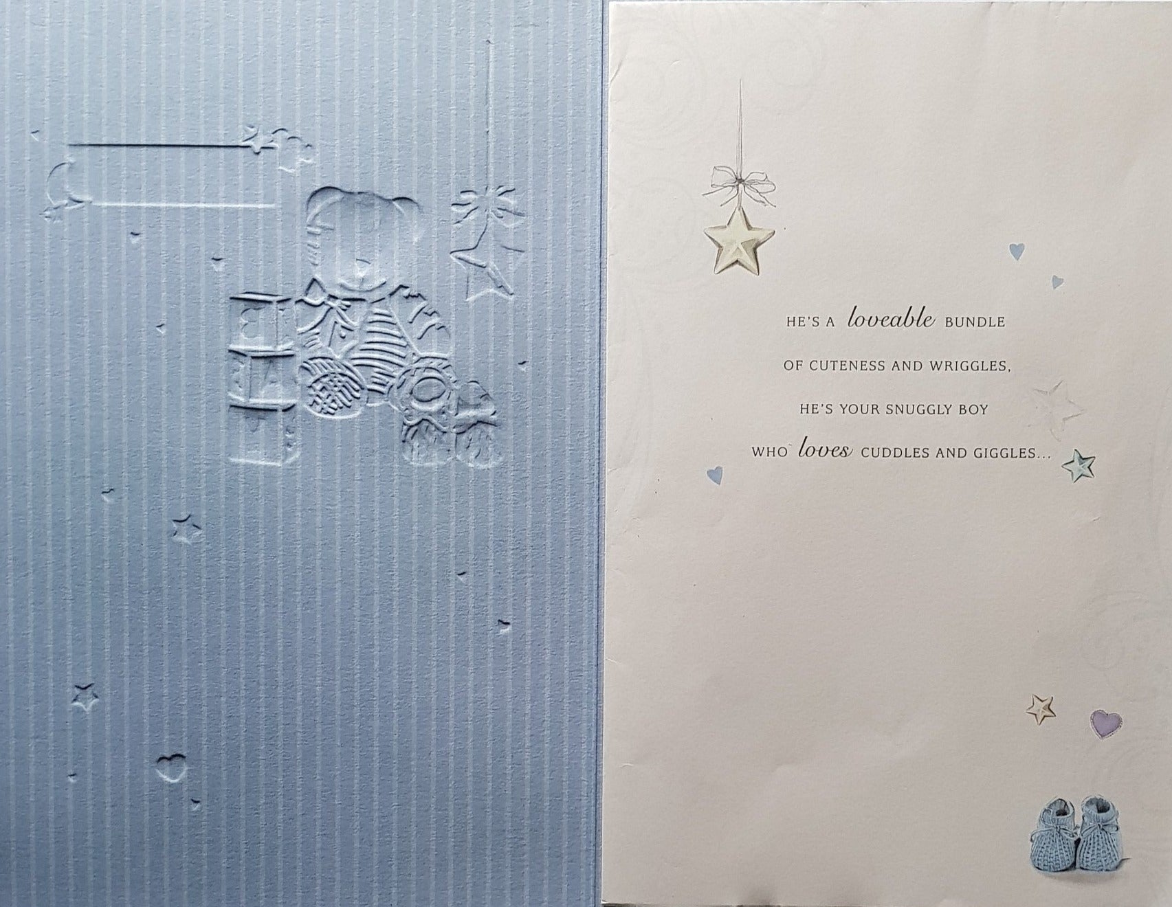 New Baby Card - Boy / Pair Of Blue Shoes Standing In Front Of Sitting Baby Teddy