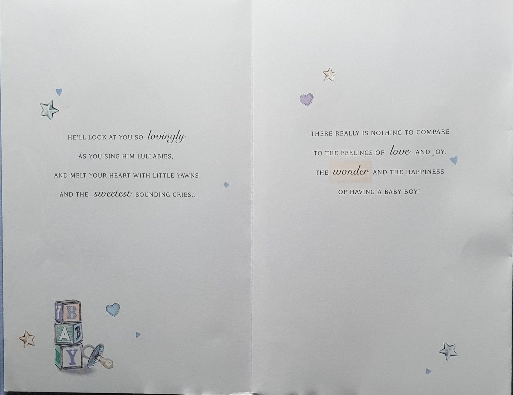 New Baby Card - Boy / Pair Of Blue Shoes Standing In Front Of Sitting Baby Teddy