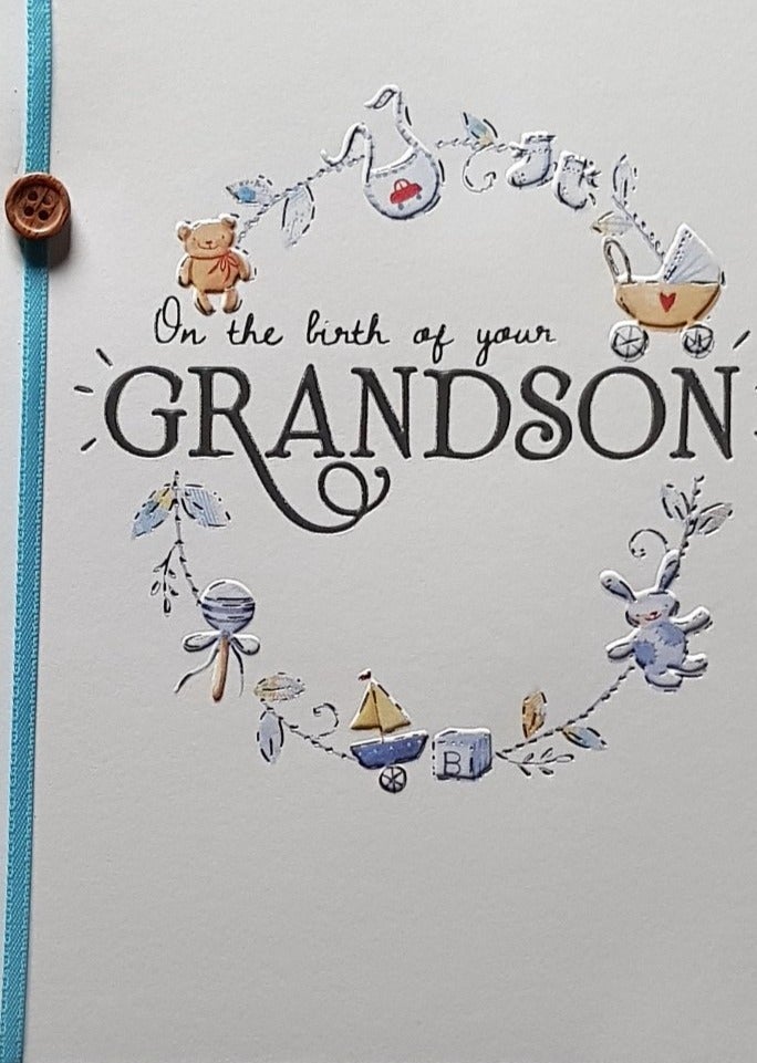 New Baby Card - Grandson / Fancy Font & A Blue Ribbon With Button Sticks On It