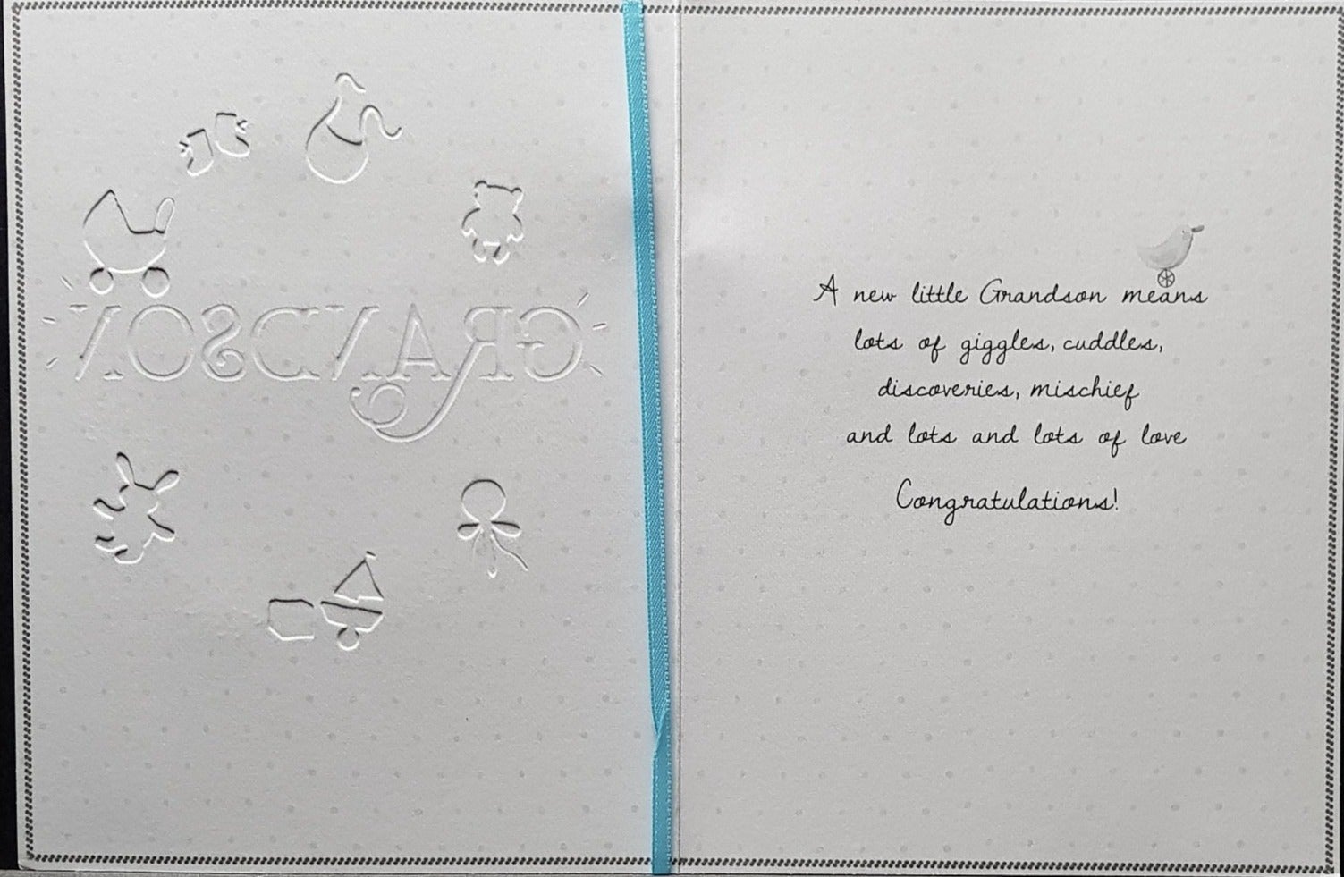 New Baby Card - Grandson / Fancy Font & A Blue Ribbon With Button Sticks On It