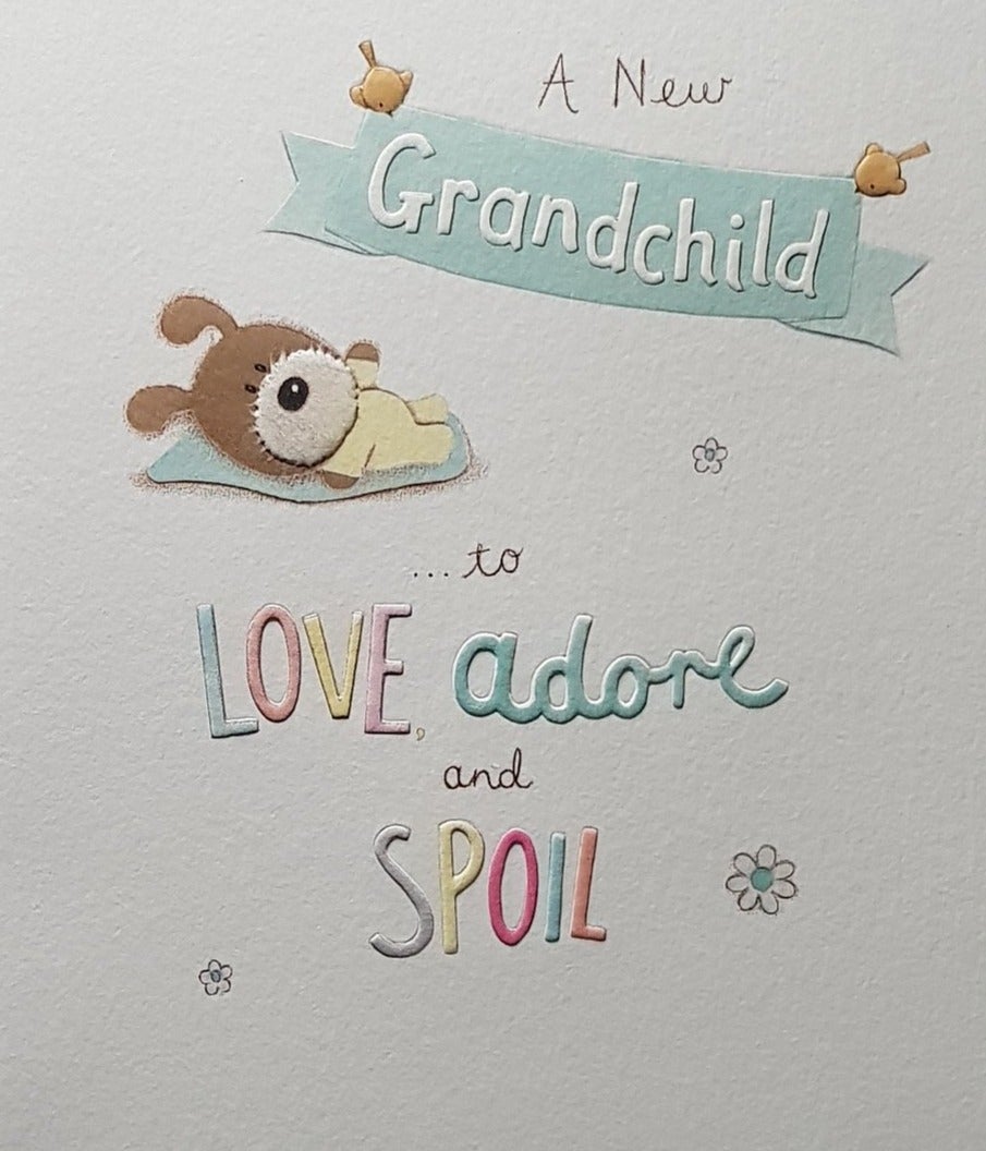 New Baby Card - Grandchild / Two Yellow Birds Holding A Blue Banner Signed 'Grandchild'