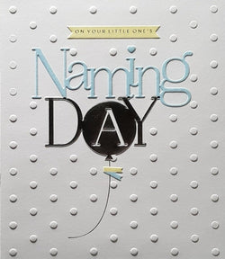 New Baby Card - Naming Day / A Little One & Two Tiny Gift Tags On A Black Balloon