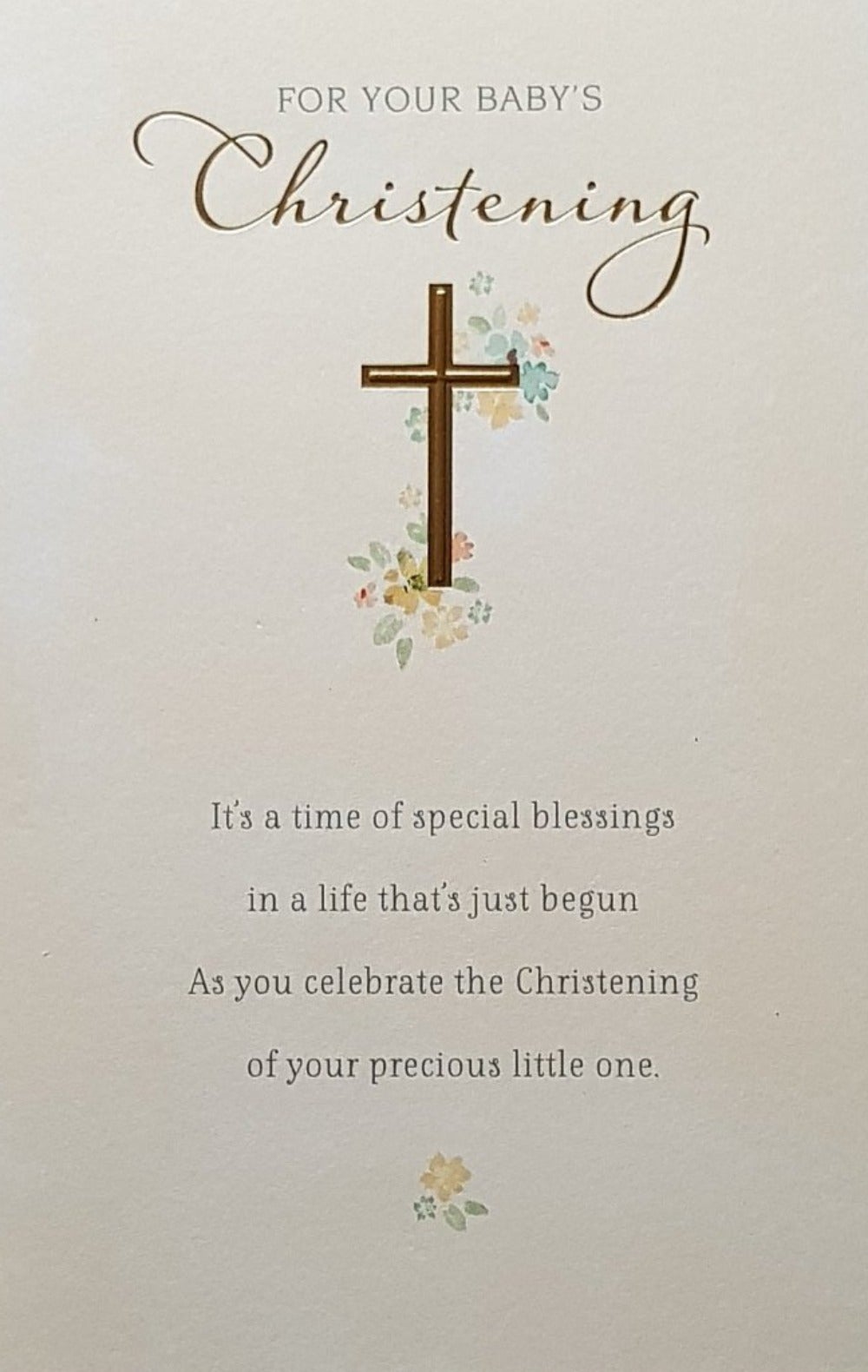 Christening Card - General / 'Special Blessings' & A Golden Cross And Flowers