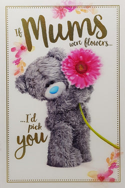 Mum Mothers Day Card - Cute Teddy Bear Holding Single Pink Flower (3D Card)