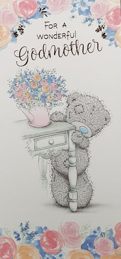 Godmother Mothers Day Card - Happy Teddy Bear Hiding Behind The Shelf