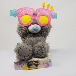 Birthday Gift -  Soft Toy / Grey Fluffy Teddy Wearing Fancy Birthday Glasses