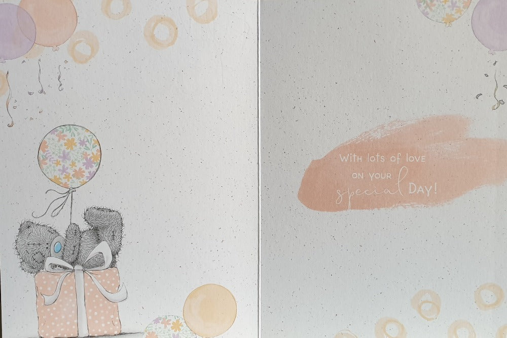 Age 50 Birthday Card - Teddy Holding A Pink Flower & A Flower Basket On A Bicycle