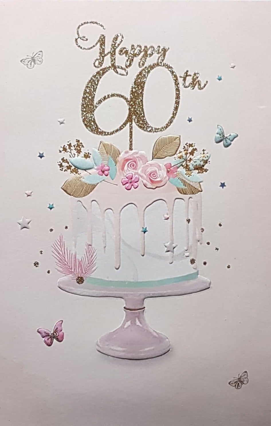Age 60 Birthday Card - A Pretty Cake With Pink Flowers & Butterflies