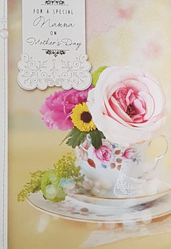 Nanna Mothers Day Card - Dandelion & Pink Rose in Teacup