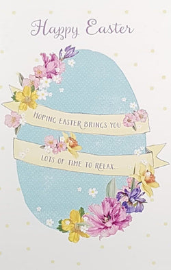 Easter Card - A Blue Egg With Banners & A Floral Decoration