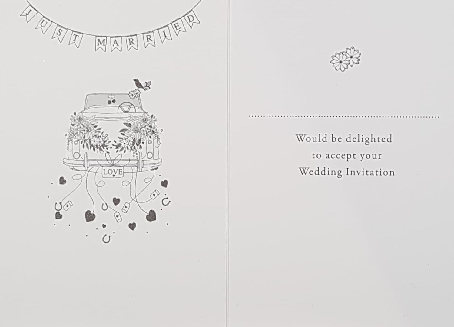 Wedding Card - Invitation Response / White Flowers & Wedding Car (Acceptance)