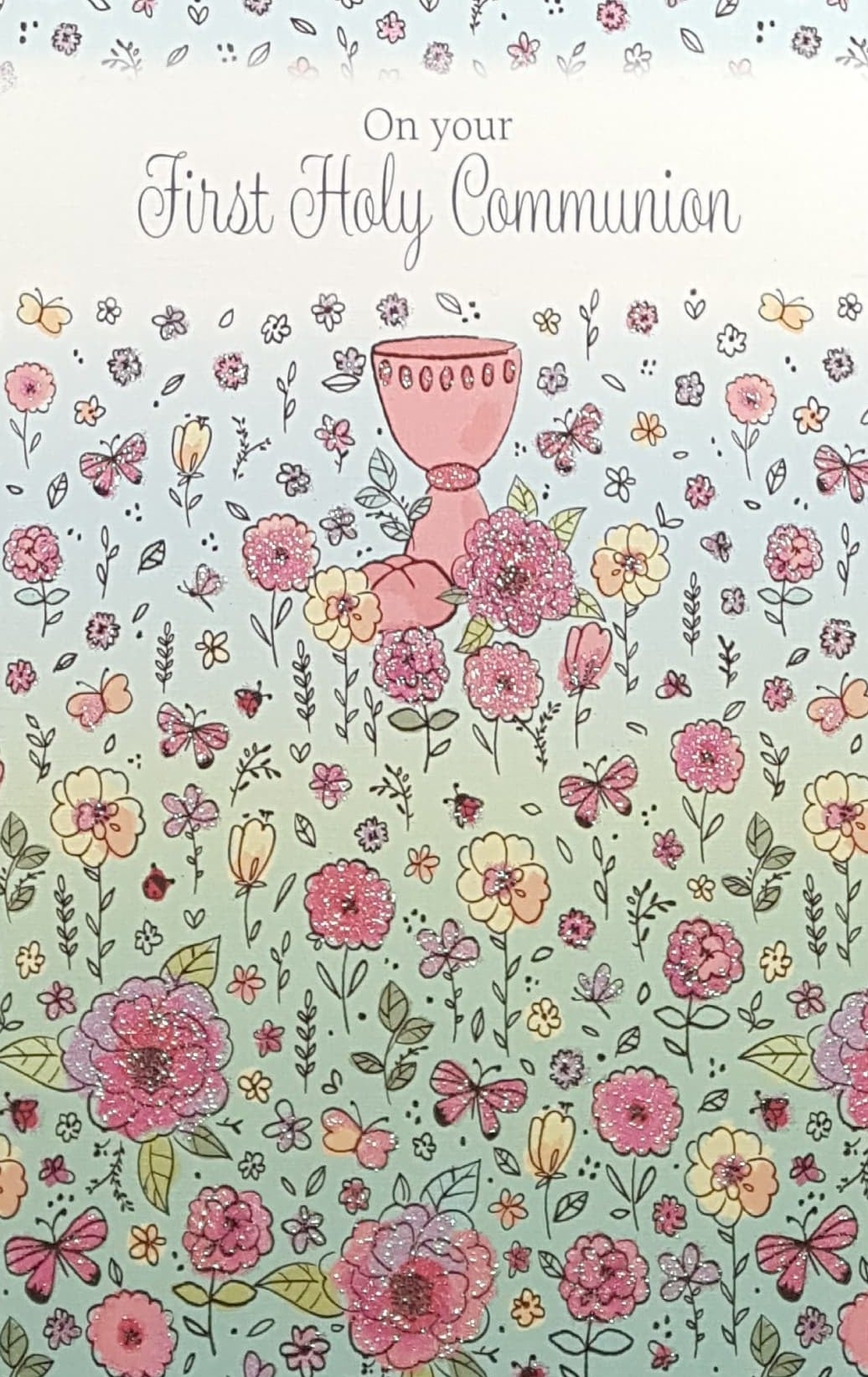 Communion Card - Glittery Pink Flowers & Butterflies ( Girl )