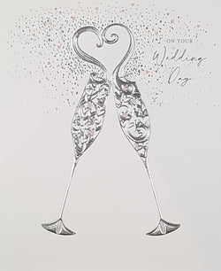 Wedding Card - General / Two Silver Champagne Glasses & A Silver Heart