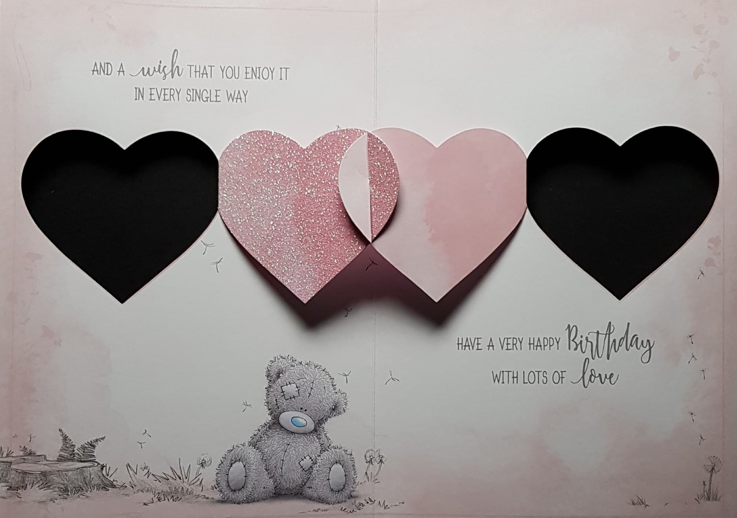 Birthday Card - Wife / Teddy Standing Beside A Pink Sparkly Heart (Pop-up)