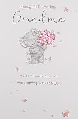 Grandma Mothers Day Card - Teddy Elephant Holding Pink Roses