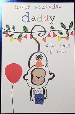 Birthday Card - Daddy / Monkey Hanging On A Branch Holding Blue Gift
