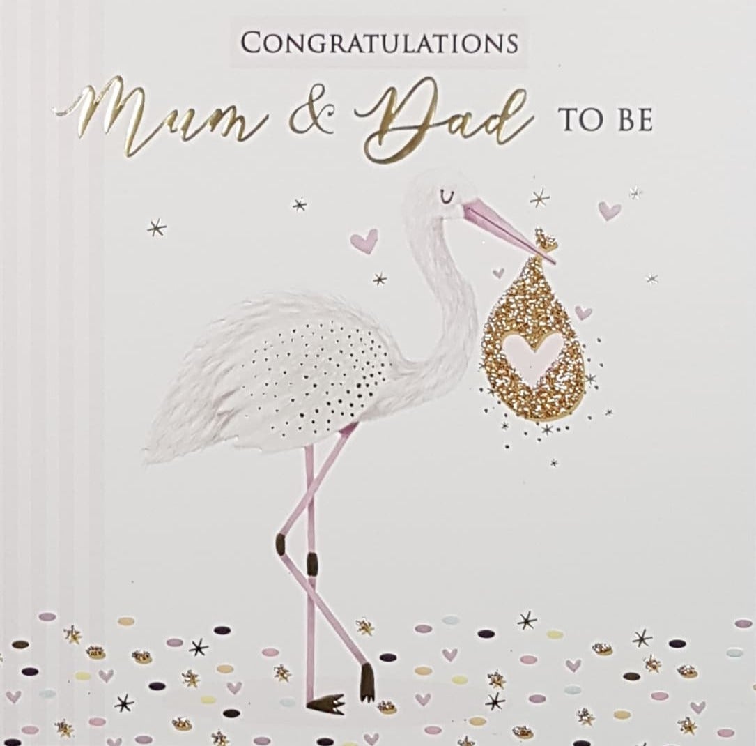 Congratulations Card - Mum & Dad To Be / A Stork Carrying A Sparkly Gold Bag